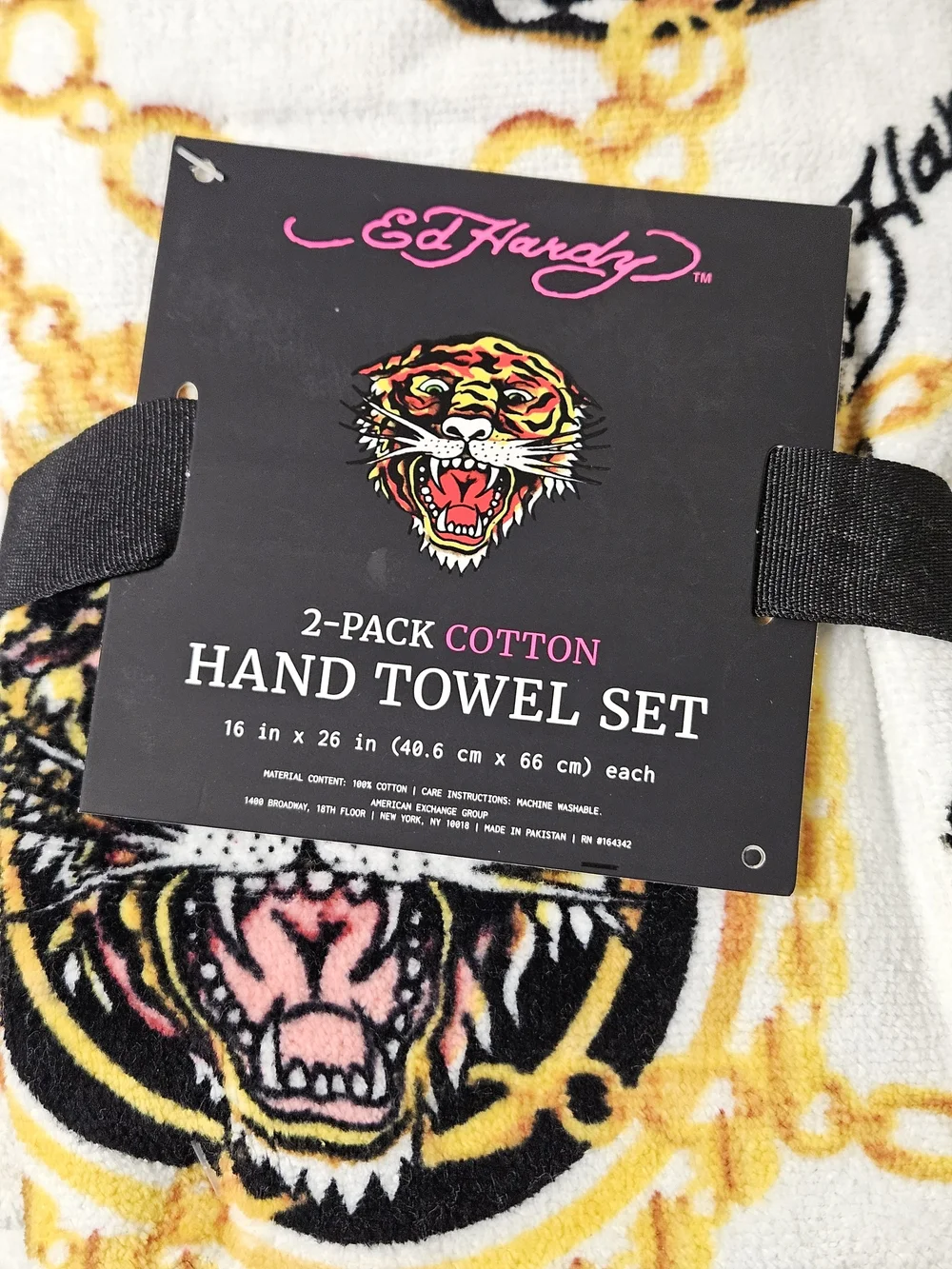 Ed Hardy 2 Pack Hand Towels Tiger Chain Tattoo Print Cotton 16x26 NWT